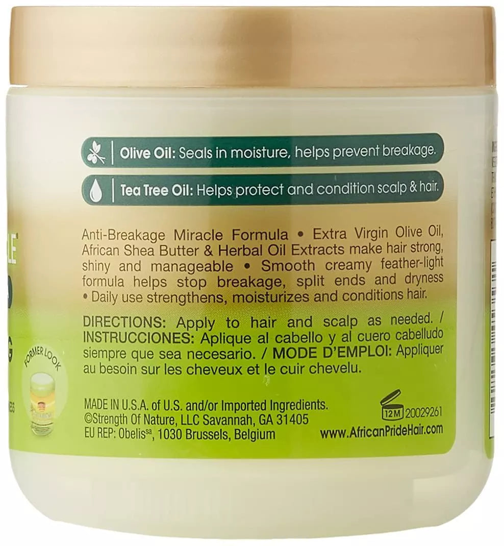 African Pride Olive Miracle Olive & Tea Tree Strengthening Treatment.